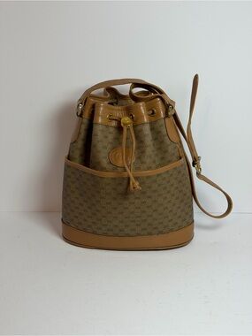 Vintage Gucci GG Supreme Monogram Drawstring Bucket Bag in Tan and Brown